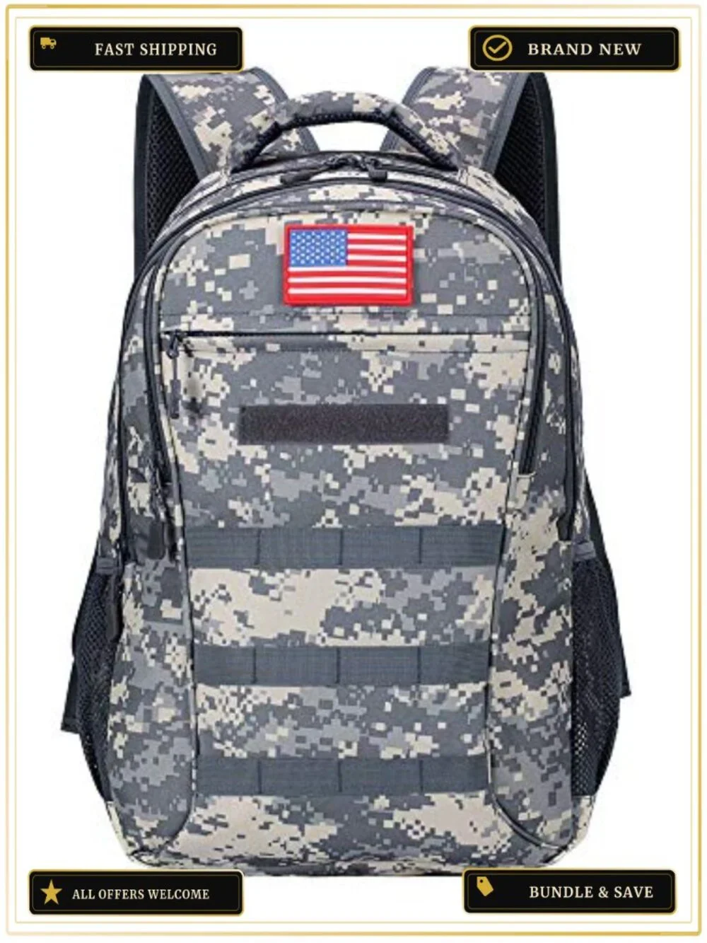 Tactical Camo Boys Backpack for School 40L, USB Port, Waterproof 900D Oxford,